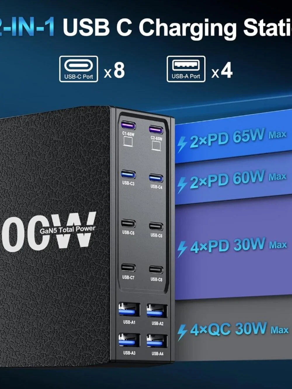 GaN 5 500W USB C Charging Hub: 12 Ports for Home or Office Use - Compact Design